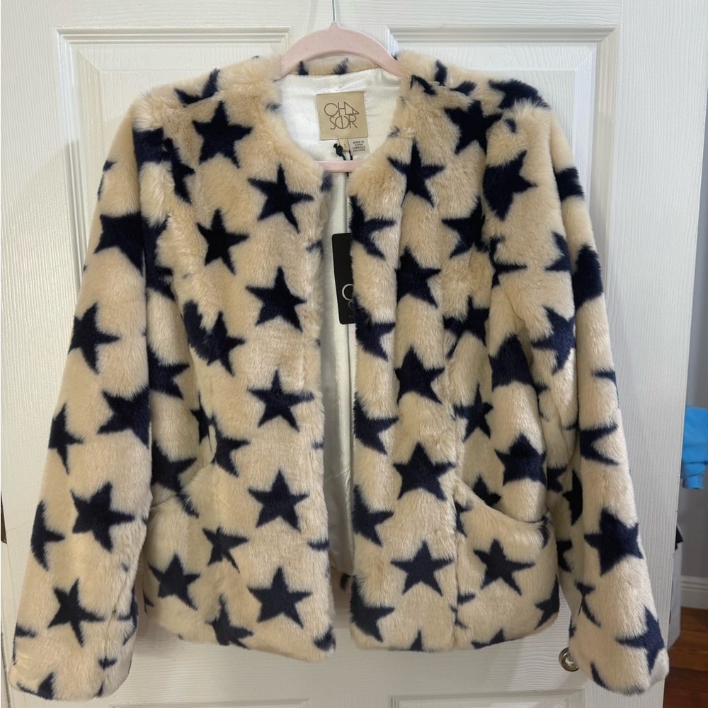 cream and navy star jacket. super soft and furry.